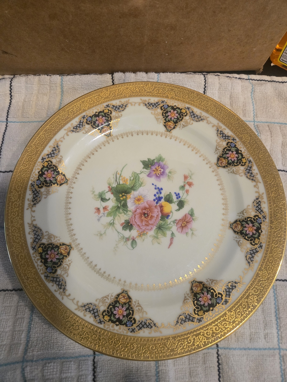 Antique Charles Ahrenfeldt Limoges Dinner Plate, Gold Lattice Floral, Signed